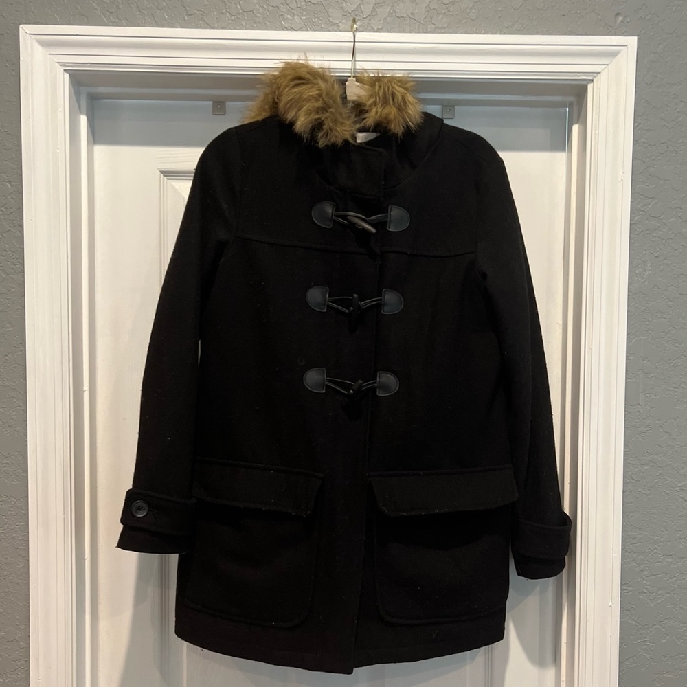 Old Navy Black Pea Coat with Fur Trim Hood, Size M